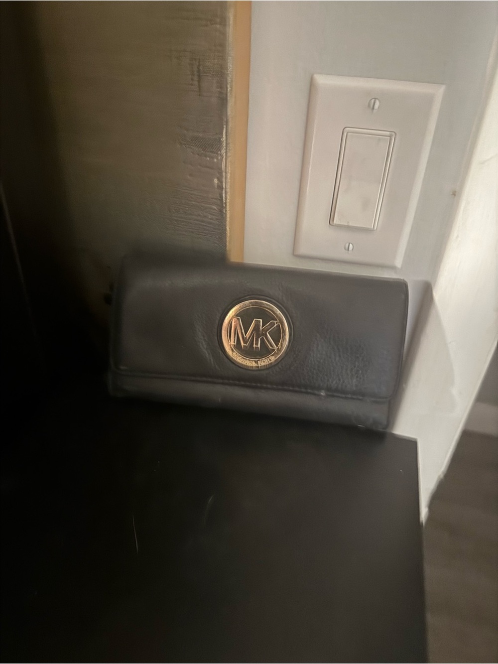 Michael Kors Black Leather Card & Key Holder with Gold MK Emblem